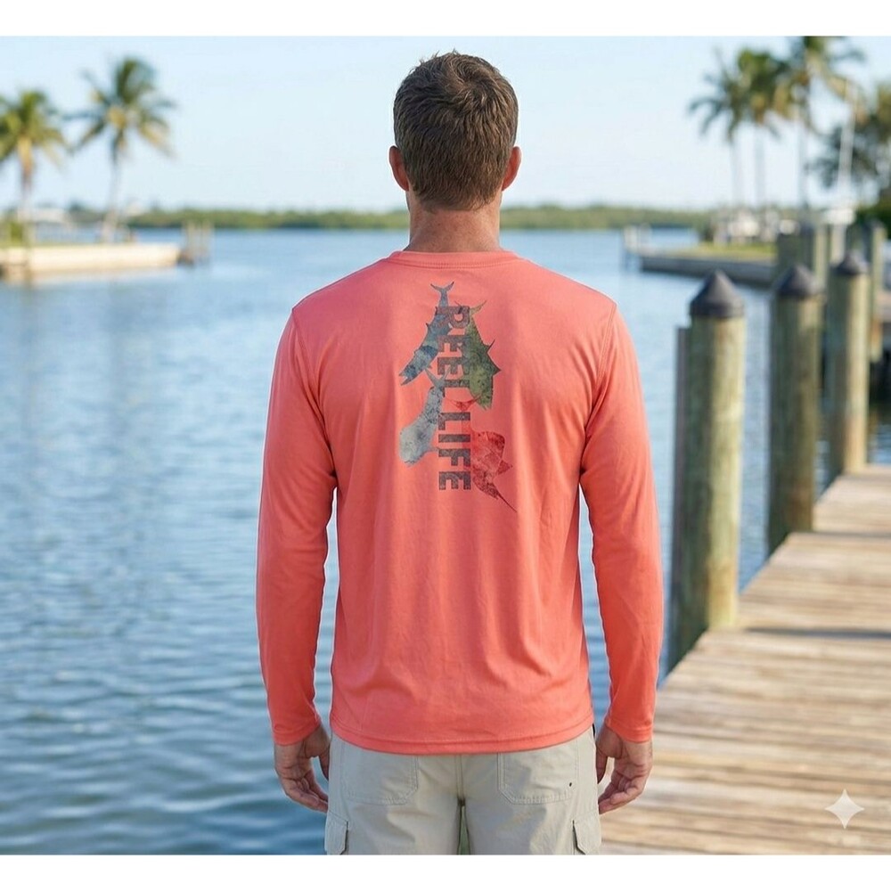 Reel Life Mens XL Orange Long Sleeve Performance Fishing Shirt Logo Back Graphic